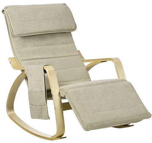 HOMCOM Rocking Lounge Chair Recliner Relaxation Lounging Relaxing Seat with Adjustable Footrest, Side Pocket and Pillow, Khaki