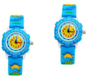 DEARMAMY 2pièces Montre Étanche Silicone pour Garçon Fille Design Cartoon Dinosaure Quartz Précis Accessoire Créatif Et Amusant Bleu