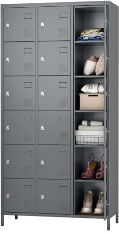 SUPEER Casier Métallique Verrouillable 18 Compartiments avec Ventilation | Armoire de Rangement Sécurisée pour Entreprises, Écoles, Salles de Sport et Bureaux - Gris foncé