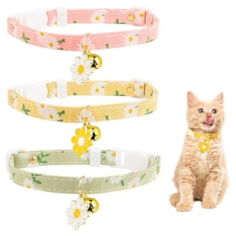 CWPFVQA Collier 3Pcs pour Chat Marguerite, Cloche, Libération Rapide - Mignon