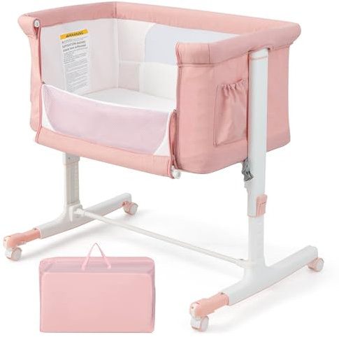 LIFEZEAL Beistellbett Baby, 3 in 1 Mobiles Baby Bett mit Bremsenfunktion, Höhenverstellbares Reisebett für Kinder ab Geburt bis 9kg, Babybett mit Faltbarer Seitenwand & Neigungseinstellung (Rosa)