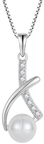 FJ Perlenkette Damen 925 Sterling Silber Weißer Perle Halskette Anhänger Schmuck Geschenke für Frauen Bräute Brautjungfern