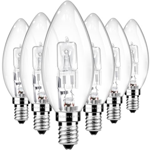 6 Pack E14 C35 Halogen Candle Light Bulb 42W, Dimmable, E14 SES Small Edison Screw Bulb, Warm White 2700K 650LM, Clear Glass, C35 E14 Light Bulb for Chandelier, Table Lamp