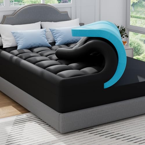 ABENE Matratzen Topper 140x200cm H4 Gel Schaum Topper mit Waschbar Bambusfaser Bezug, 7cm Höhe Matratzentopper für Boxspringbett Stützschaum Atmungsaktiv Druckverteilung（140cmx200cm, Schwarz）