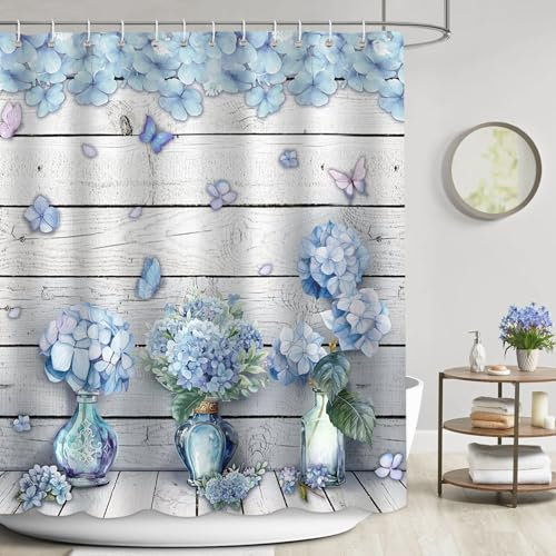 APROPHIC Rideau de Douche Fleurs 180 x 180cm Printemps Bleu Hortensia Papillon Rideau de Salle de Bain, Vintage Plante Imperméable Salle de Bain Décoration avec 12 Crochets