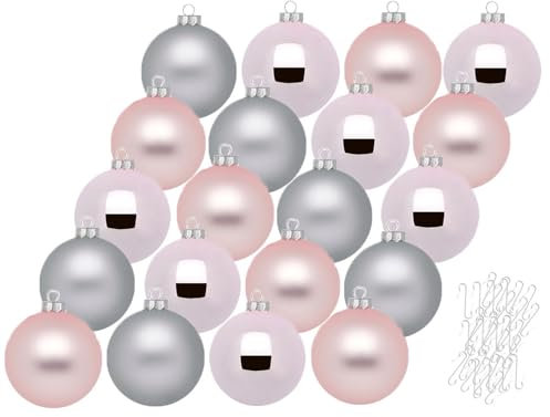 Inge Glas Weihnachtskugeln mit Haken | Schöne Christbaumkugeln aus Glas | Set 20 Kugeln und 40 Aufhänger | Christbaumschmuck Weihnachtsbaumkugeln (Soft Simplicity | rosa grau)