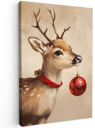 MuchoWow© Weihnachtsdeko Leinwand Bilder 40x60 cm Wanddeko Wohnzimmer Weihnachtsgeschenke Deko Zimmer Wandbilder Modern Bild auf Leinwand Geschenk Weihnachten - Hirsch - Geweih - Rentier - Beige