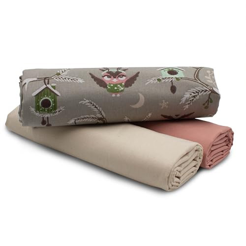 VmG-Store 1,5m Baumwollstoff Set Designstoff + 2x Uni farblich abgestimmt 100% Baumwolle Material Auswahl (Winter Eule Set61)