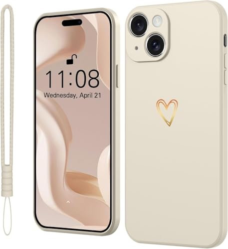 Mitetabo für iPhone 15 Hülle Silikon mit Gold Liebesherz, Mädchen Handyhülle iPhone 15 Case Weich Slim Stoßfest Kratzfeste Süßes Gold Love Schutzhülle für iPhone 15 6.1 Beige