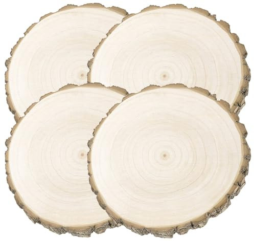 Truevaste Holzscheiben 30 cm, 4er Set Runde Baumscheiben 28-32 cm ohne Loch – Naturholz Unbehandelte Holz Log Scheiben aus Paulownia Holz für DIY Basteln, Hochzeit und Weihnachtsdeko, 20mm Dicke