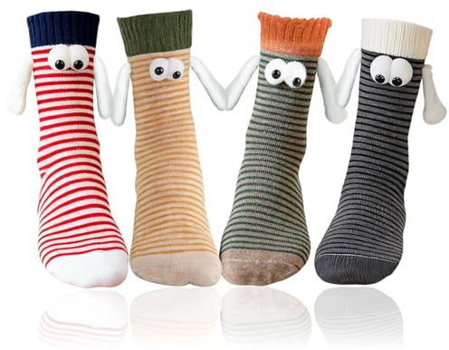 Shyllin Lustige Geschenke, 4 Geschenke für Beide, ein Verrücktes Paar, Magnetische Socken, Crazy Happy Socks Herren 43-46 Damen 39-42, Lustige Socken, für Freunde Partner Paare (Streifen 8)