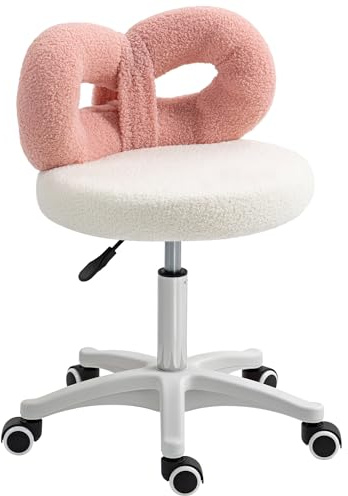 HOMCOM Sgabello per Parrucchiere ad Altezza Regolabile con Rotelle Girevoli e Schienale ad Arco, Sgabello Moderno in Tessuto Teddy, 50x50x63-77 cm, Bianco e Rosa