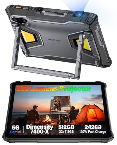 Ulefone Armor Pad 5 Ultra 5G Tablet Rugerizzato con Proiettore 200LM, 24200mAh, Rugged, 32GB + 512GB Android 15, IP69k Antiurto,1000LM Luce Campeggio Tablet 11 Pollici IP68 64MP+Visione Notturna 64MP