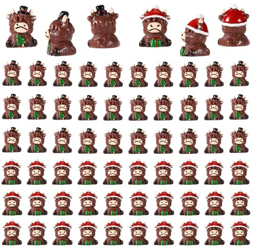 60stk Mini-Weihnachts-Hochlandkuh, Weihnachtsmannmütze & Weihnachtsbaum Miniatur-Kuhfiguren Winzige Skulptur Kunstharz Weihnachtsornamente für Zuhause Garten Bauernhaus Tisch Party-Dekoration