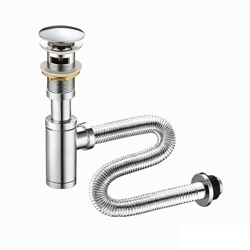 YWJFSA Sifón Fregadero Cocina Con Rebosadero,Válvula Click Clack,Altura Ajustable,Sifón Lavabo Flexible Cromado,Tubo De Desagüe Antiolor Antiobstrucción
