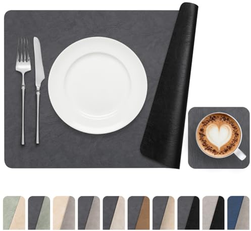Banchif Platzsets abwaschbar Tischsets Untersetzer Platzdeckchen 6er Set | Tischsets abwaschbar Platzsets und Untersetzer Kunstleder hitzebeständig rutschfest Platzdeckchen (Dark Grau Schwarz)