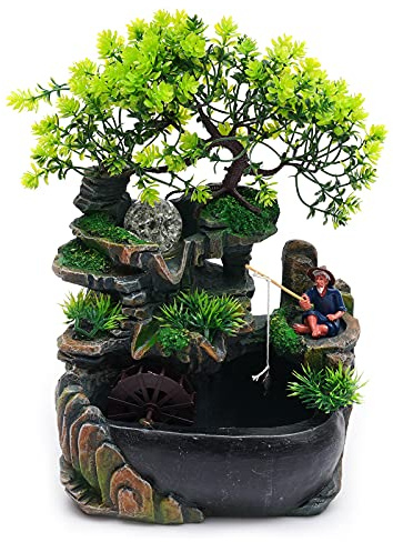 Fuente de mesa Zen Feng Shui con luz LED y cascada de resina con jardín de piedra, figura de pescador y árbol, fuente adecuada para salón y escritorio, caudal máximo 150L/h