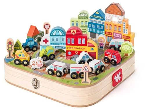 Woody Holzspielzeugkoffer mit Blöcken und Zug - 55-teilig - Spielset