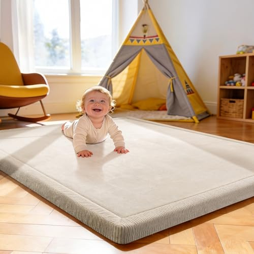 Treeboy Krabbelmatte Spielmatte Baby Kinder Spielteppich 120x170x3cm Beige | Krabbeldecke Baby Play Crawling Mat für Kinderzimmer mit Hochwertigem Memory-Schaum Rutschfester Unterseite Kinderteppich