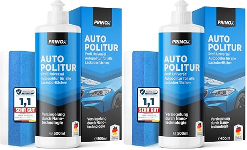 PRINOX Profi Autopolitur 500ml inkl. Polierschwamm für alle Lacke - Schwarz, Weiß, Buntlacke, Metalliclacke I Auto Politur mit Nanoversiegelung zum Kratzer entfernen - Made in DE (Packung mit 2)