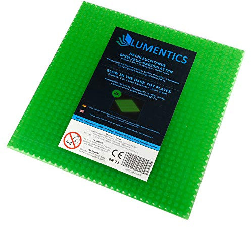LUMENTICS Placa de construcción 2 x verde fluorescente – Placas de base que brillan en la oscuridad para bloques de sujeción. Brillan una hora. Tamaño por placa: 25 cm x 25 cm