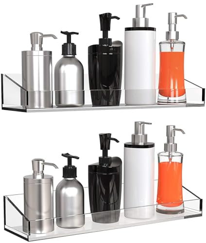 Vdomus Acryl-Badezimmerregale, 2 Stück - 10,2 cm T x 38,1 cm B x 5,25 cm H dick, wandmontiert, schwebendes Regal – transparentes Aufbewahrungs- und Ausstellungsregal für Bad oder Küche – kein Bohren