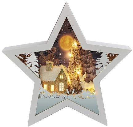 hellum LED Bild mit 3D Winterlandschaft 26,7 x 25,5cm Sternenform zum Stellen, Batteriebetrieb (3xAA nicht inkl.), Bild mit Winterszene, Weihnachtsdeko, Tischdeko 522914
