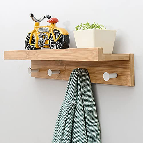 Étagère murale flottante en bambou avec crochet pour couloir, salle de bain, salon, chambre à coucher (bambou, 48,5 x 12 x 8 cm)