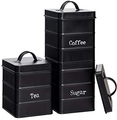Harbour Housewares Round Metal Tea Coffee Sugar Canisters - Black - 3pc Set - Vintage Kitchen Storage Loose Tea Coffee Beans Granulated Sugar Airtight Container Food Preserve Caddy with Lid