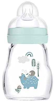 MAM Feel Good Glass Baby Bottle (170 ml), Milk Bottle with Wide Opening, Sturdy Baby Drinking Bottle with Teat Size 1, from Birth, Bear/Hedgehog