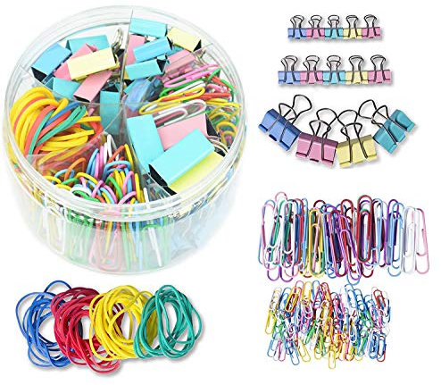 XSEXO Office Clips - Binderclips, Büroklammern, Gummibänder - 3 Größen Binder Clips, 2 Größen Büroklammern, 4 Farben Gummibänder - Metall - Multi-Colored - 240 Stück