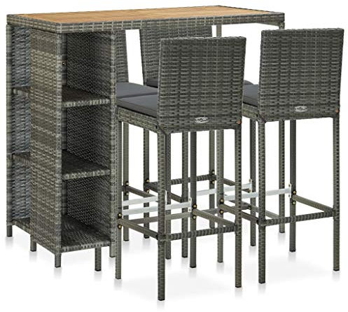 vidaXL Gartenbar Set 5-TLG. mit Kissen Theke Bar Tresen Gartentheke Stehtisch Bartisch Barstuhl Barhocker Gartenmöbel Poly Rattan Grau