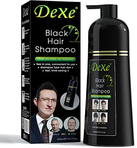 Dexe Schwarzes Haarshampoo, 400 ml, sofortige Haarfärbemittel für Männer und Frauen, schwarze Farbe – einfach anzuwenden – hält 30 Tage – schnell wirkende natürliche Inhaltsstoffe