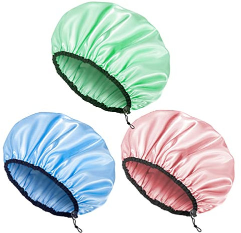 Auban Shower Cap for Women,Reusable Shower Caps,Waterproof Satin Exterior, EVA Lining, Adjustable & Extra Large,Hair Cap for All Hair lengths, 3 Colors