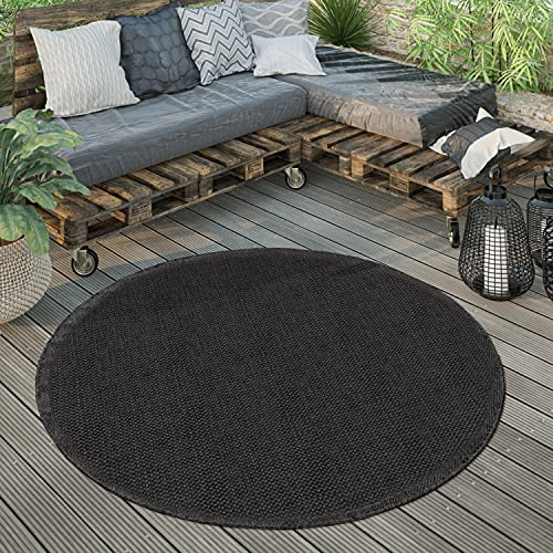 Paco Home In- & Outdoor Teppich wetterfest für Garten, Terrasse & Balkon flachgewebt in Moderner Sisaloptik einfarbig rund pflegeleicht & UV-beständig, Grösse:200 cm Rund, Farbe:Schwarz