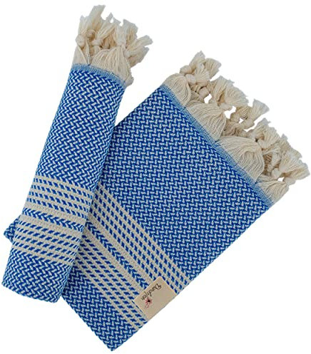 Pusteblume – Fischgrätenmuster – Set mit 2 natürlich gefärbten Baumwollhandtüchern, Peshkir, 89,9 x 48,2 cm, Jeansblau