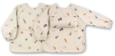 ÜneeQbaby Spiel und Mahlzeit: Wasserdichte, langärmelige Lätzchen mit Brusttasche für Kleinkinde (Musik und Raum, Klein)