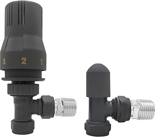 NRG Angled Thermostatic Radiator Valve and Manual Angled Valves 15mm Anthracite