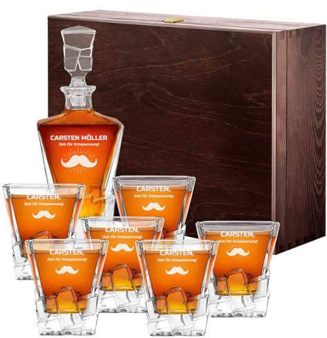 Maverton Ice Blink Whiskey Karaffe + 6er Whiskygläser Set mit Gravur | Whiskey Dekanter, luxuriöses Design, Kristallglas, für Männer zum Geburtstag, Entspannung