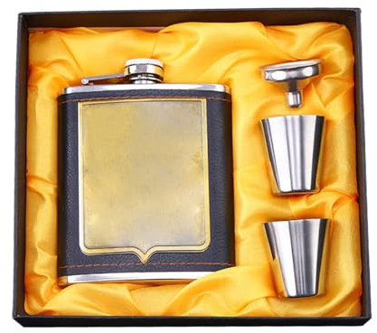 Schnapskolben, Flachmann-Set, klassischer Flachmann für Schnaps mit 7 Oz mit Trichter, Weinglas, 100 % auslaufsicher, Edelstahl-Flachmann für Schnaps, als Vatertagsgeschenk – schwarz klassisch