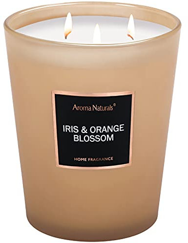 Aroma Naturals Duftkerzen, Große Kerze im Glas, 943g Natürliche Soja-Aromatherapie-Kerzen, Bis zu 130 Stunden mit 3 Baumwolldochten (Iris & Orangenblüte)