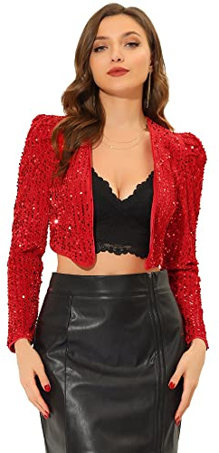 Allegra K Damen Pailletten Jacke Langarm Party Club Offen Glitzer Cardigan Kurzjacke Glitzer Bolero Rot XL