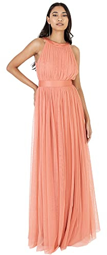 Anaya with Love Ladies Maxi Dress for Women Halter Neck Long Sleeveless with Belt A Line Evening Gown Ball Prom Wedding Guest Bridesmaid, Vestito Donna, Coral Pink,