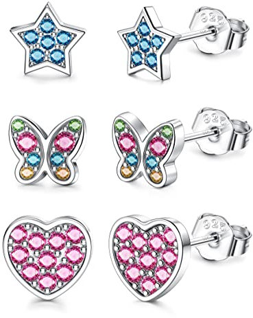 ORAZIO 3 Paare 925 Sterling Silber kleine Ohrstecker Ohrringe Für Mädchen Kinder Schmetterling Herz Stern Cubic Zirkonia Knorpel Set für Frauen Hypoallergene B