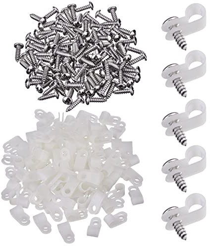 GTIWUNG 100 Stück R Typ Cable Clip Drahtklemme, Nylon Schraube Befestigungsschnur Fastener Clips Nylon R Clips Kabelklemmen Typ P mit 100 Stück Schrauben für Draht Management 1/8 Zoll Weiß