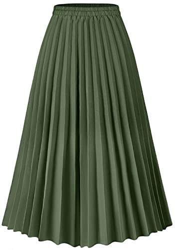 Basoteeuo Green Pleated Skirt for Women Midi Length Summer High Waisted A Line Elastic Waist Skirts XXL