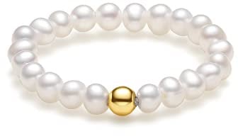 ZHOU LIU FU Natural Pearl Ring 18CT 750 Yellow Gold Rings Adjustable Stretch Beaded Ring Real Freshwater Pearl Jewellery for Her Women Lady Mum Anniversary Birthday Heart Lucky Ingot (A Gold Bead)