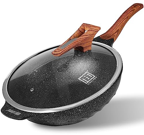 MGC Wok- und Bratpfannen aus Aluminiumdruckguss, Granit, antihaftbeschichtet, mit Glasdeckel, 31,8 cm, Kochtopf, Bratpfanne, Herd für alle Herdplatten, induktionsgeeignet, PFOA-frei