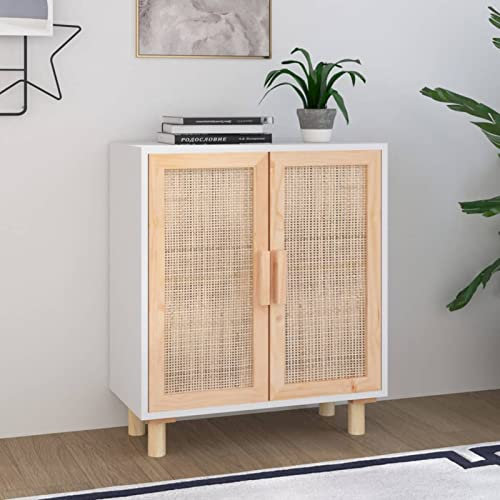 Camerina Sideboard Weiß 60x30x70 cm Buffetschrank Schrank Wohnzimmer Cabinet Furniture Beistellschrank Sideboard Massivholz Kiefer und Natur-Rattan