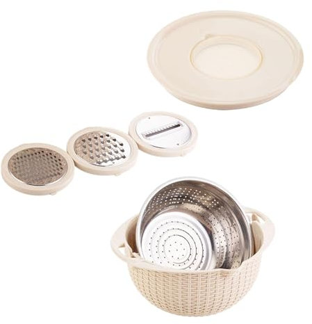 perfk Colador con Juego de Cuencos para Mezclar, Lavadora Multiusos con Rallador, Colador de Cocina, Juego de Cuencos para Frijoles, Cebada, Beige